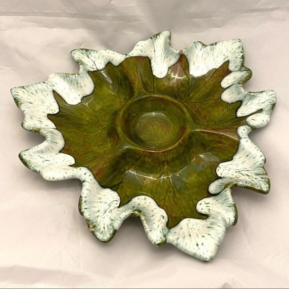 Chip & Dip Platter, Ceramic Leaf Shape, White/Green Drip Glaze MCM Vintage